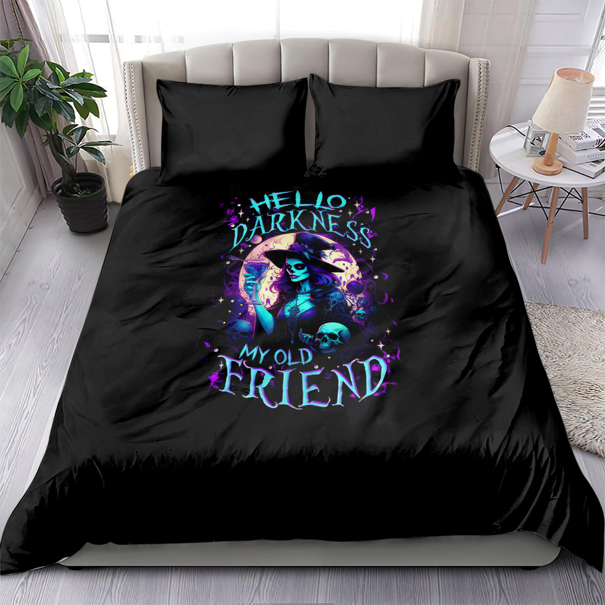 Black duvet cover set with colorful witch and skull graphic, plus matching pillowcases