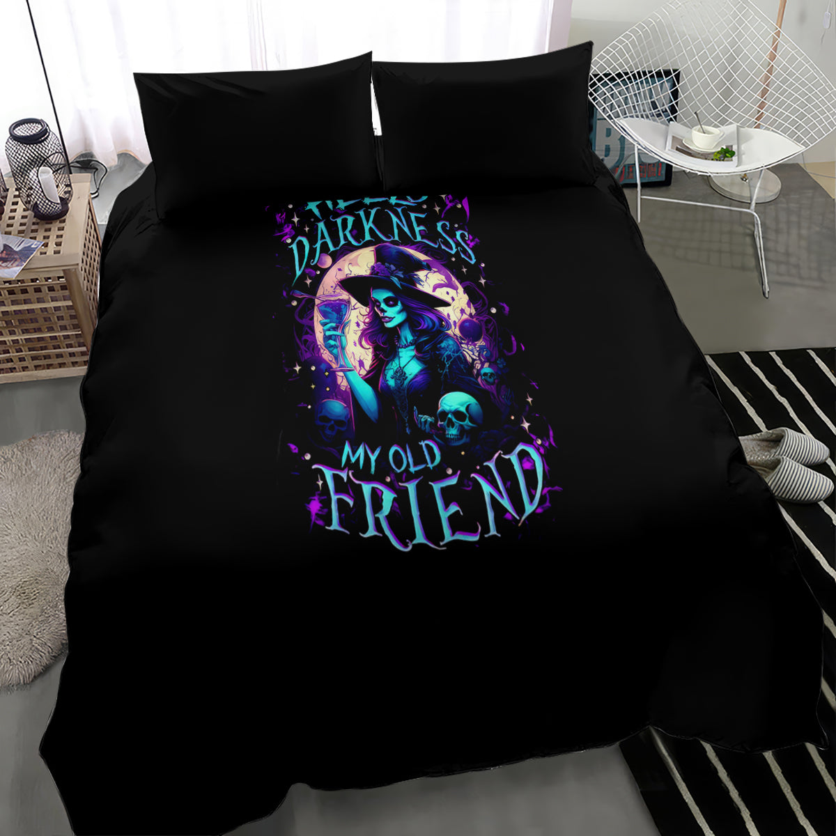 Black duvet cover and pillowcases with witch, skull and purple-blue graphic