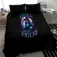 Black duvet cover and pillowcases with witch, skull and purple-blue graphic