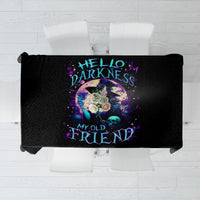 Black tablecloth featuring purple skull graphic and “Hello Darkness” text