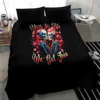 Black couple skull bedding set with two pillowcases featuring blue skull and rose design