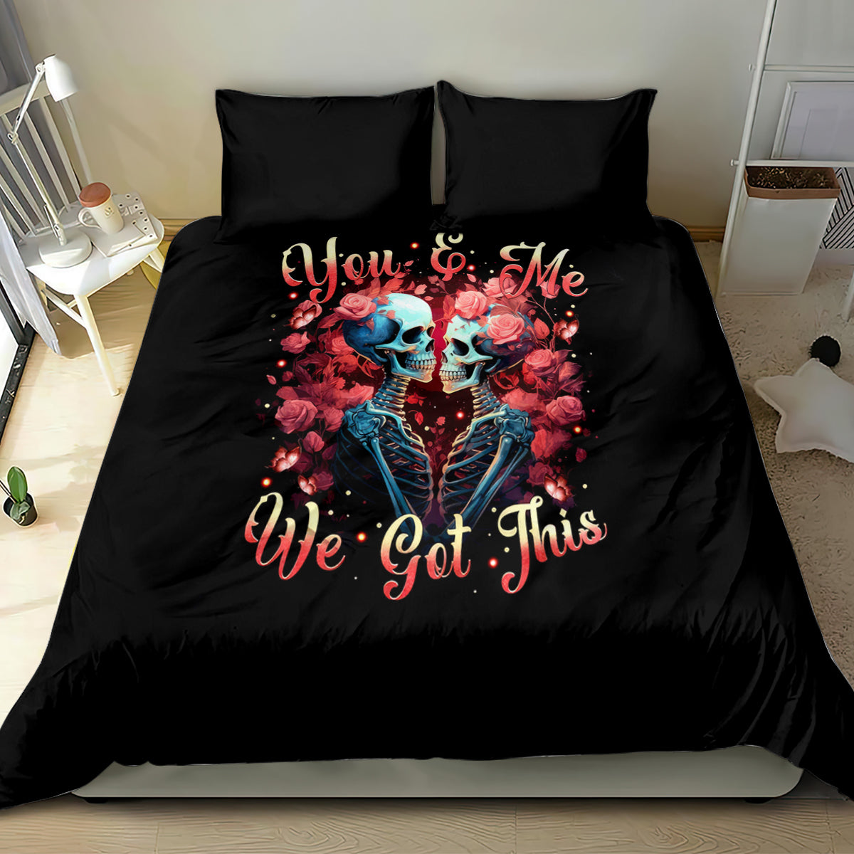 Black couple skull bedding set with two pillowcases and You & Me We Got This front print