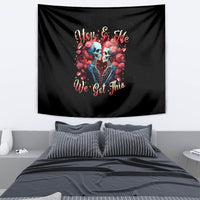 Black couple skull tapestry with floral design and text "You & Me We Got This"