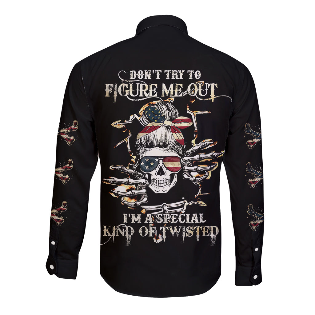 Girl Skull Long Sleeve Button Shirt Don't Try To Figured Me Out I Special Kind - Wonder Print Shop