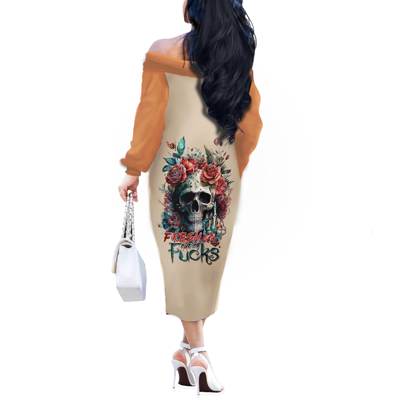 Axe Skull Off The Shoulder Long Sleeve Dress Let's Bury The Hatchet - Wonder Print Shop