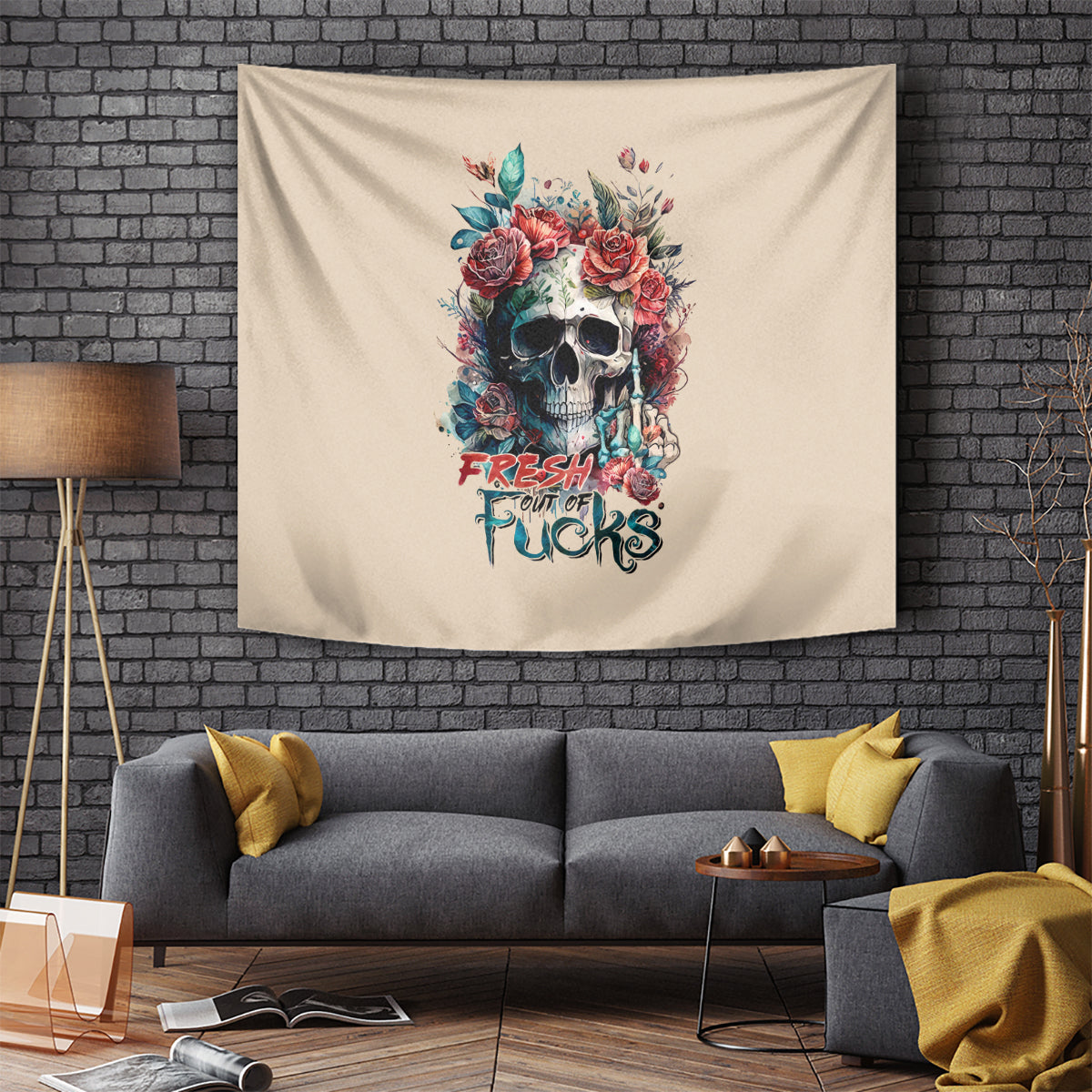 Beige tapestry featuring floral skull and multicolor text centerpiece