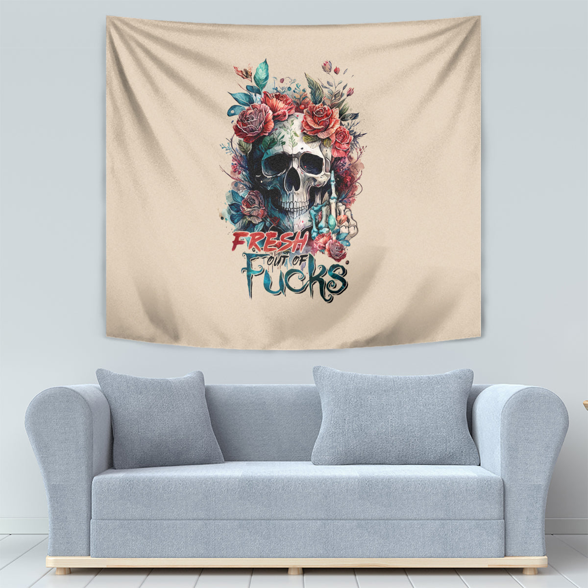 Beige wall tapestry with floral wreath skull artwork and bold multicolor lettering