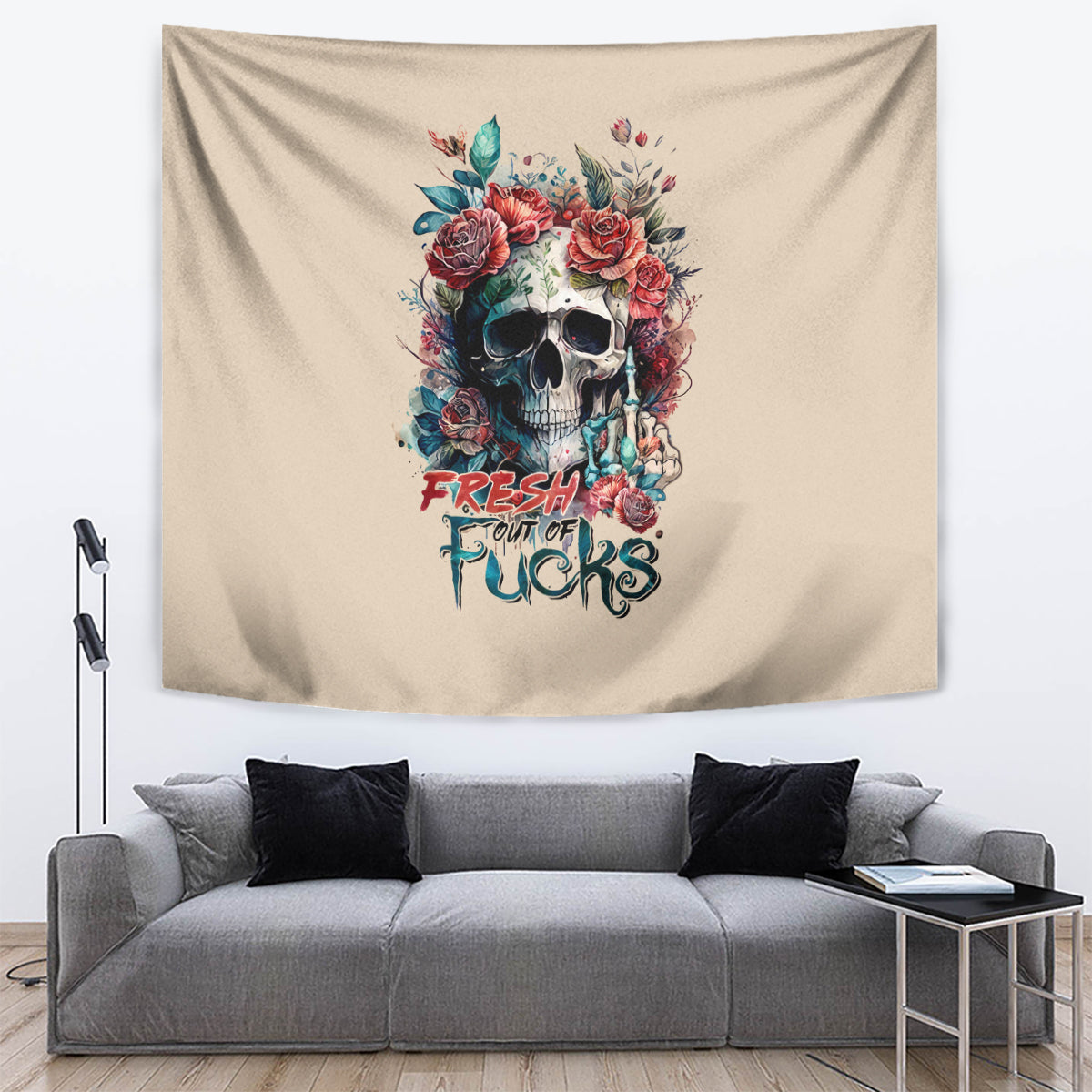Beige tapestry featuring large floral skull graphic with stylized multicolor text