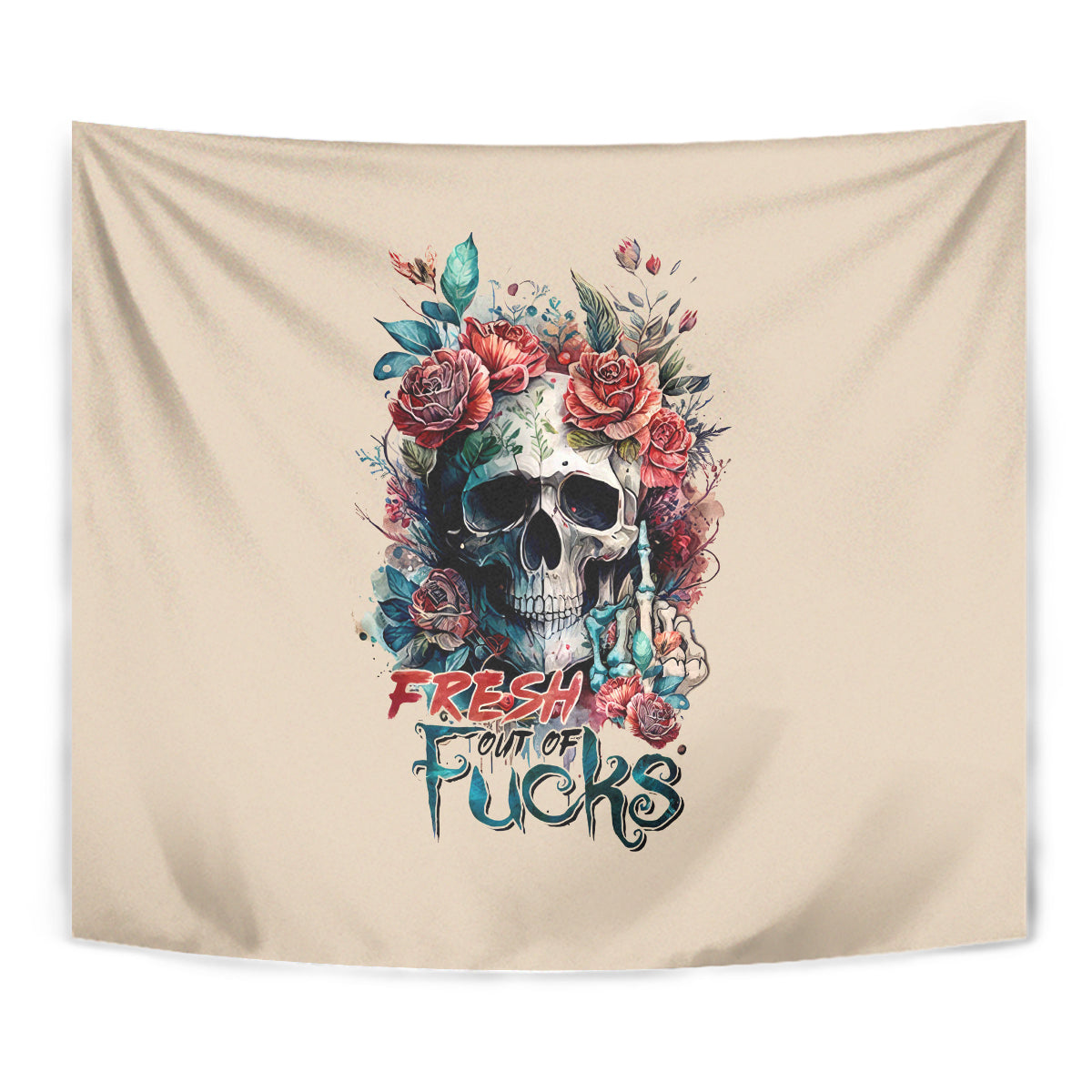 Beige tapestry with floral skull graphic centered on the fabric