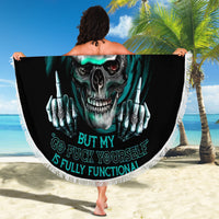 Black circular beach blanket with fringed border, teal skull and rose face print