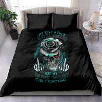Black duvet cover set with skull-and-rose print and two black pillowcases