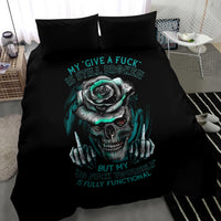 Black bedding set close-up with skull and rose artwork on duvet cover
