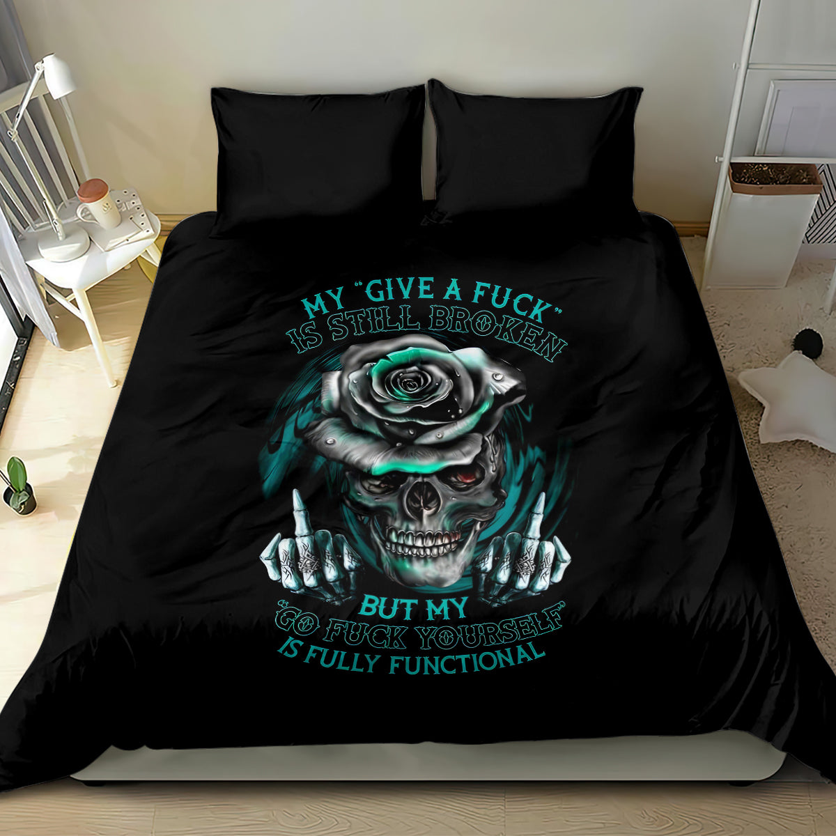 Black bedding set with skull and rose graphic, matching pillowcases and duvet