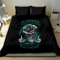 Black bedding set with skull and rose graphic, matching pillowcases and duvet