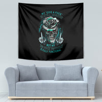 Black draped wall tapestry with teal skull and rose graphic, flat and centered
