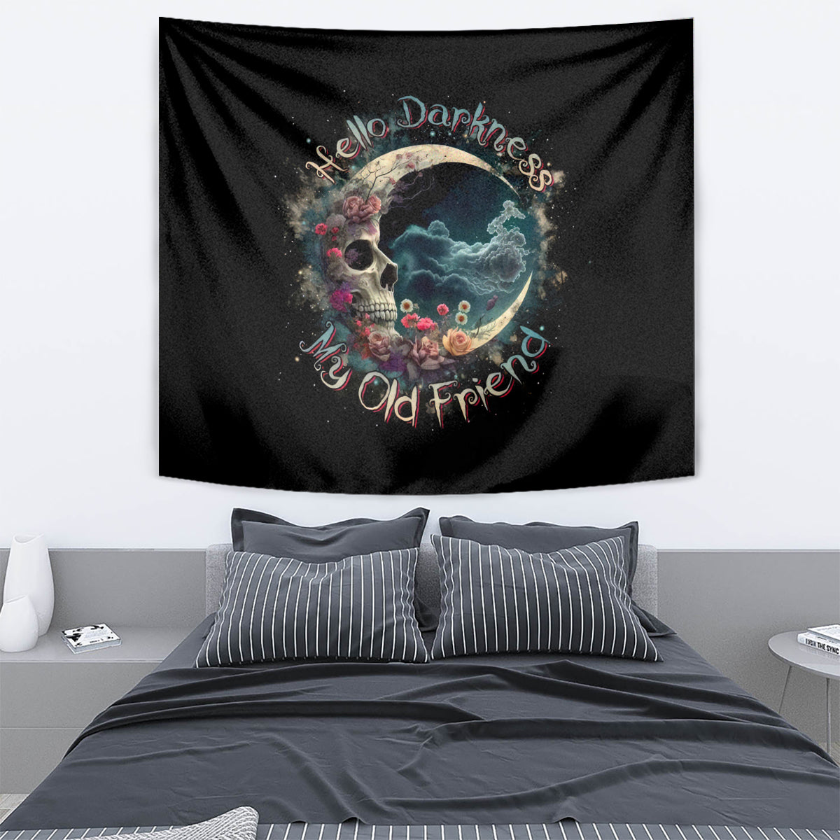 Black skull-and-moon tapestry with colorful flowers and 'Hello Darkness' lettering