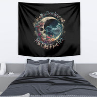 Black skull-and-moon tapestry with colorful flowers and 'Hello Darkness' lettering