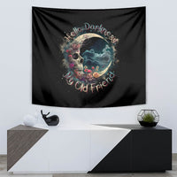 Black skull and moon tapestry with floral accents and colorful curved lettering