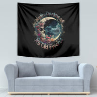 Black tapestry with skull, moon, and flowers, accented by multicolor script text