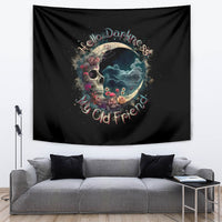 Black skull-and-moon wall tapestry with flowers and 'Hello Darkness, My Old Friend' text