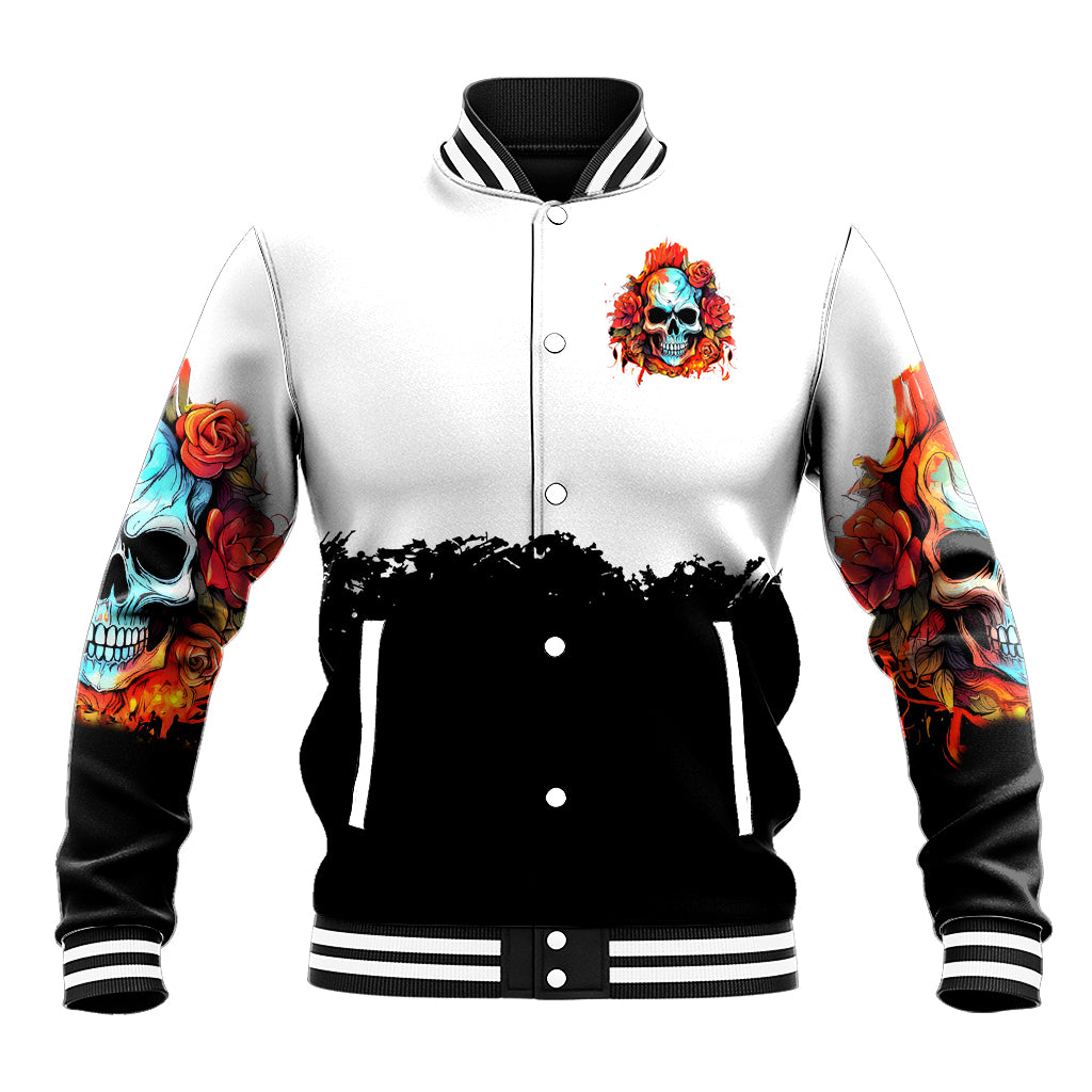 Baseball jacket with front floral skull graphic, black-and-white color block, striped collar