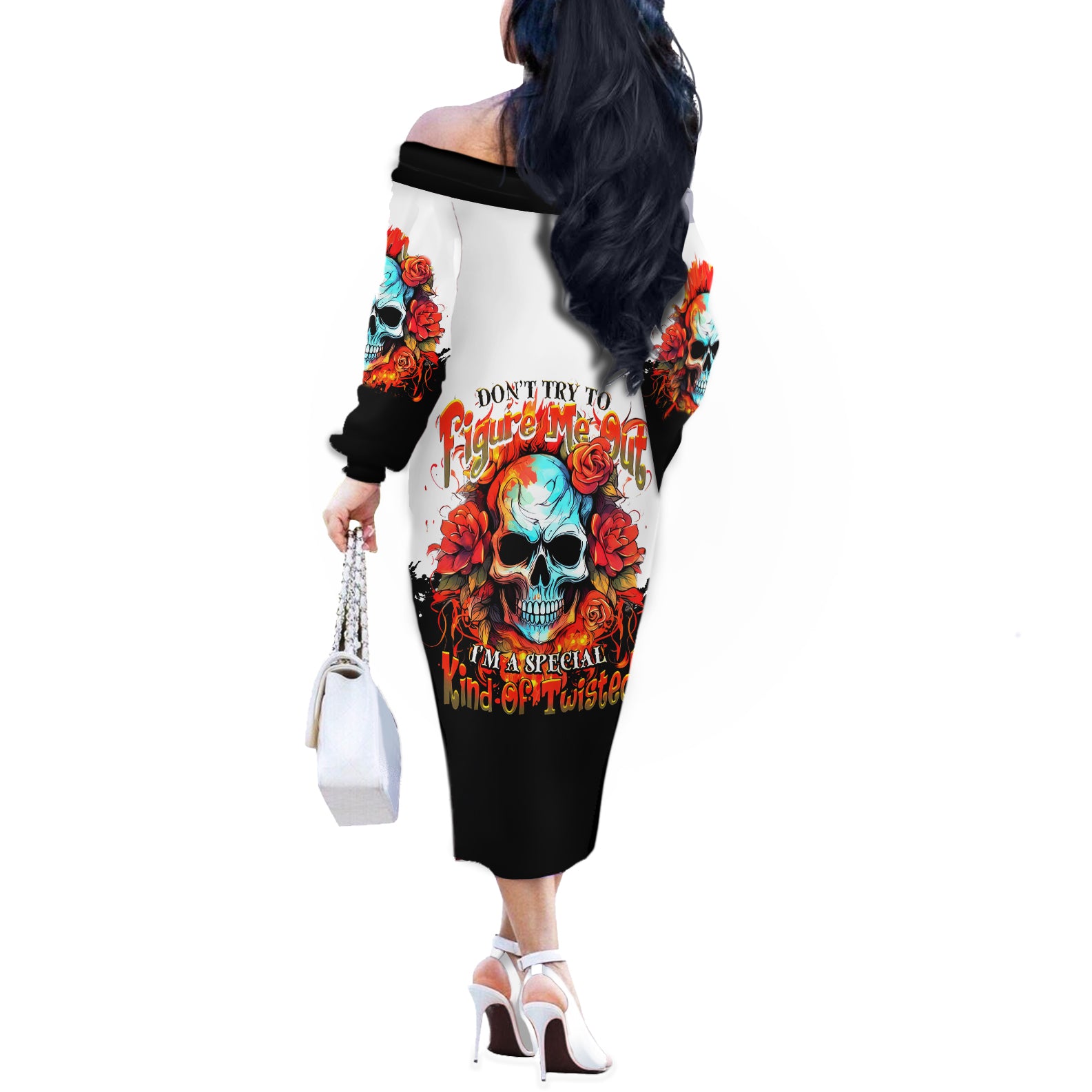 Death Skull Off The Shoulder Long Sleeve Dress I Never Alone My Demon With Me 24/7 - Wonder Print Shop