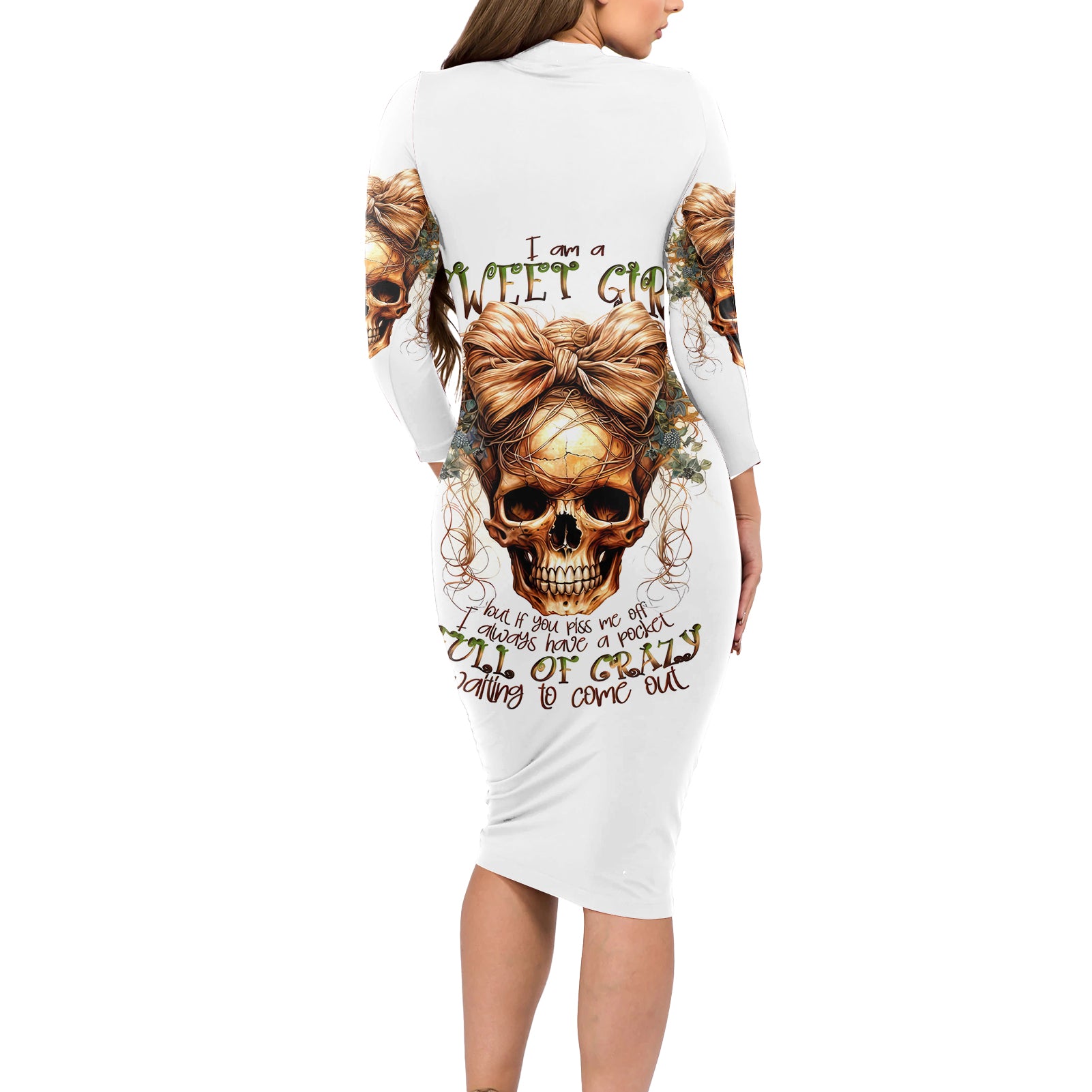 Girl Skull Long Sleeve Bodycon Dress I Sweet Girl Full Of Crazy - Wonder Print Shop