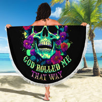 Black round beach blanket with fringe, neon skull and flower design