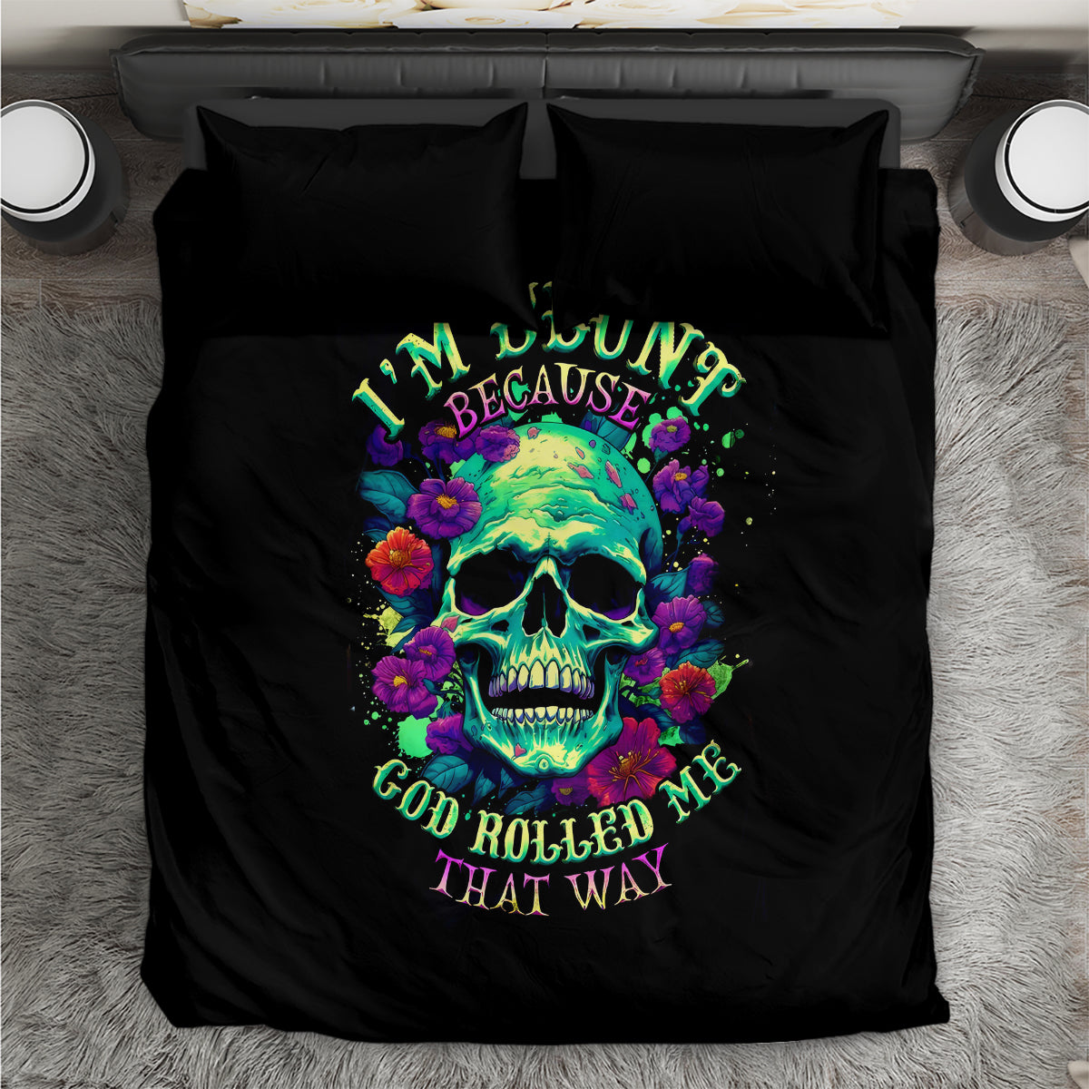 Black bedding set with neon skull and colorful flower graphic