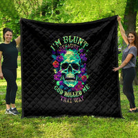 Black quilt blanket with colorful skull floral graphic and text print