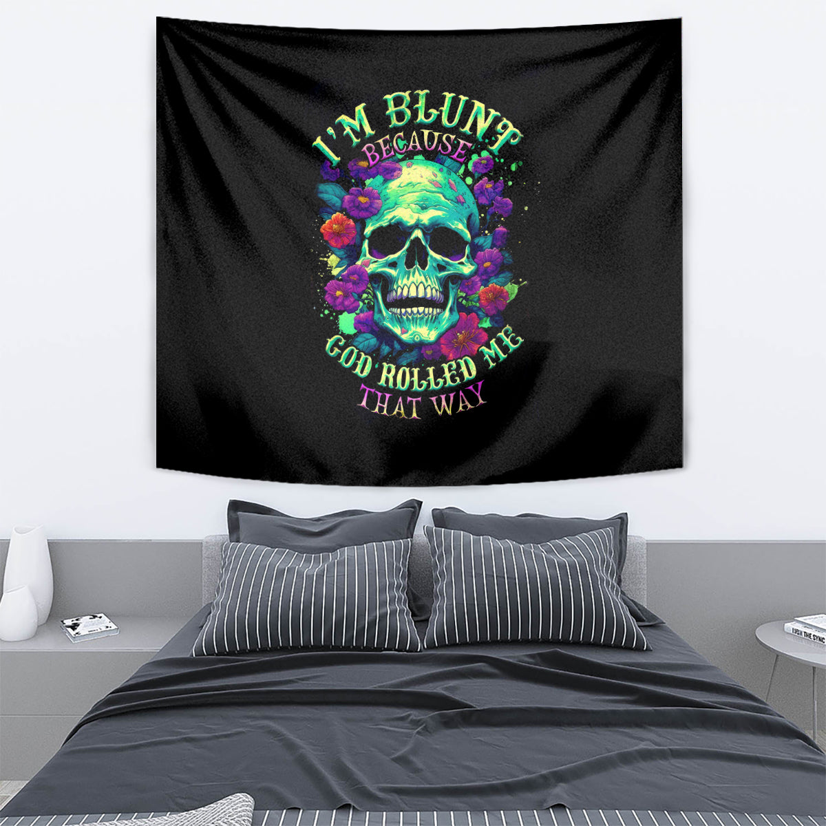 Black skull flower wall tapestry with colorful neon lettering