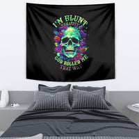 Black skull flower wall tapestry with colorful neon lettering