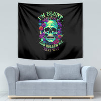 Black skull flower wall tapestry with neon skull graphic and multicolor flowers
