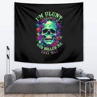 Black skull flower wall tapestry with neon skull and curved colorful text