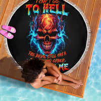 150 cm black round beach blanket with white fringe and glowing devil skull graphic