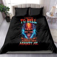 Black bedding set with colorful devil skull graphic and bold red, blue lettering