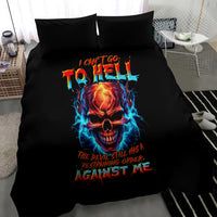 Black duvet and pillow shams with devil skull print, multicolor flames and text