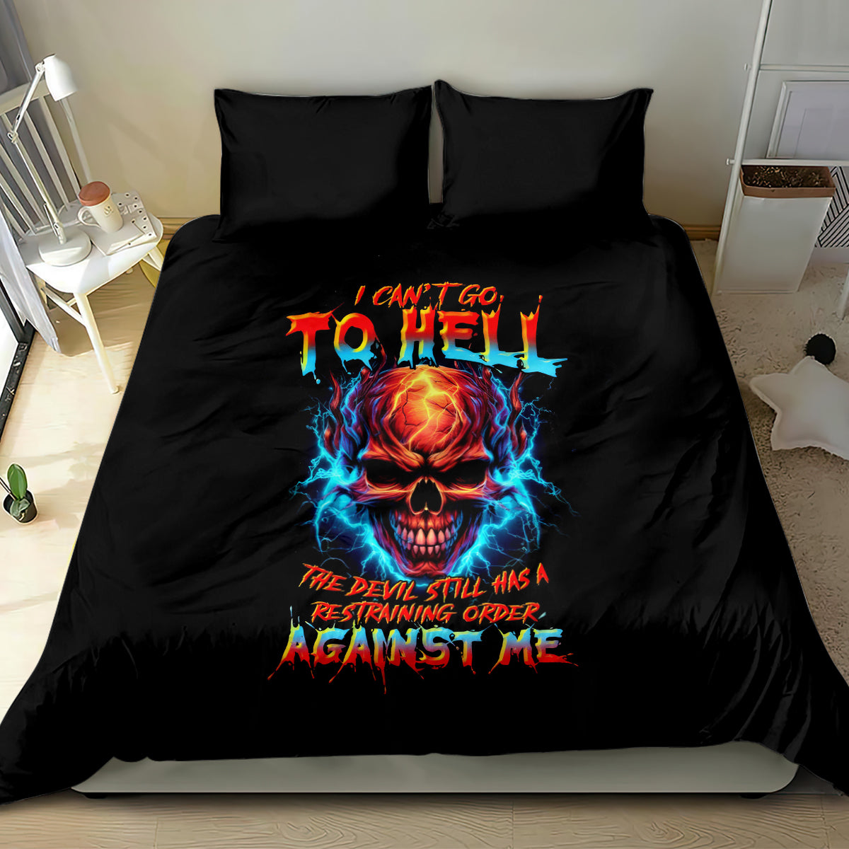 Black bedding set with devil skull graphic, bright multicolor lettering across center