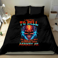 Black bedding set with devil skull graphic, bright multicolor lettering across center