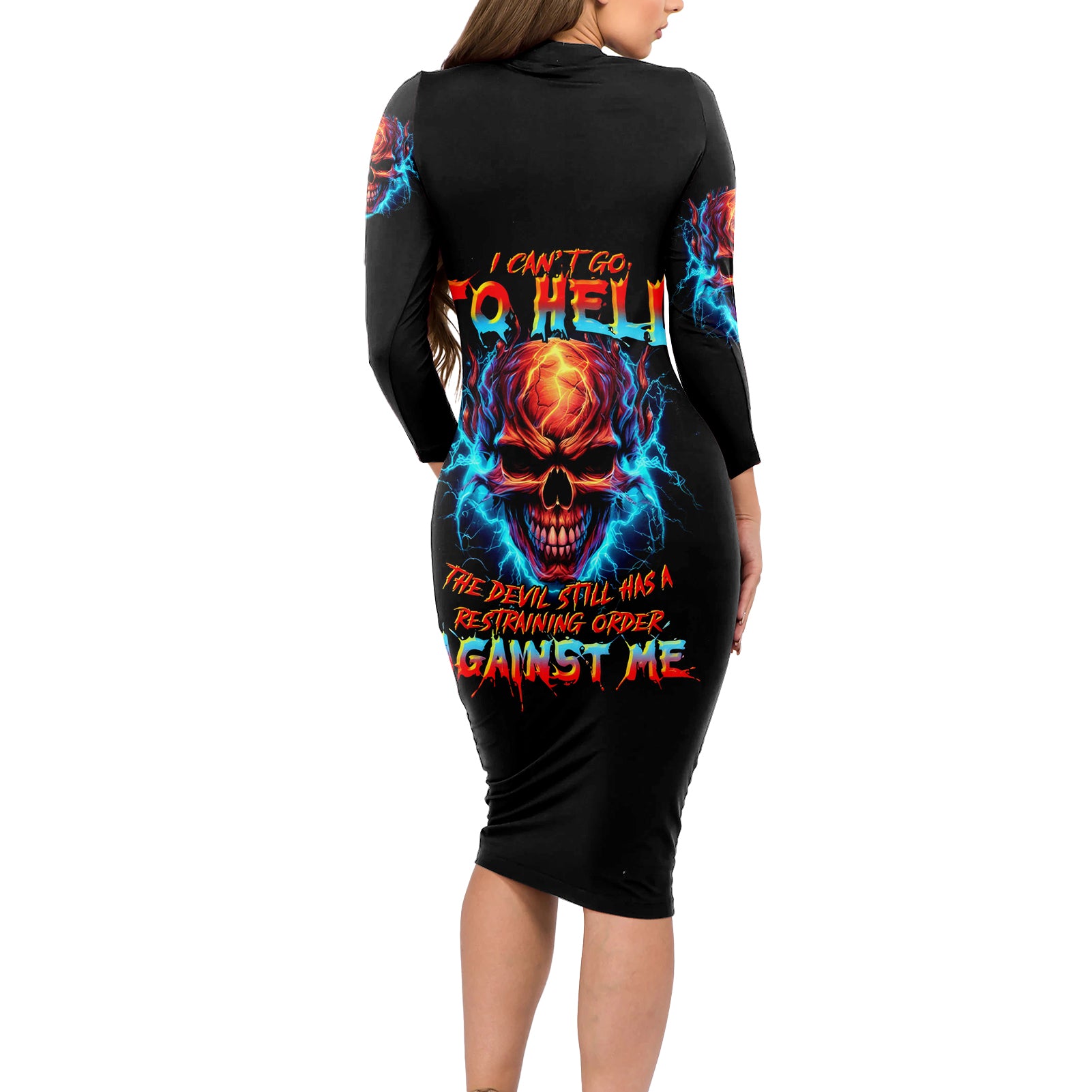 Thunder Skull Long Sleeve Bodycon Dress I Can't Go To Hell Devil Restrainning Order Against Me - Wonder Print Shop