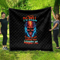 Black quilt with diamond stitching and colorful devil skull graphic, text design in center