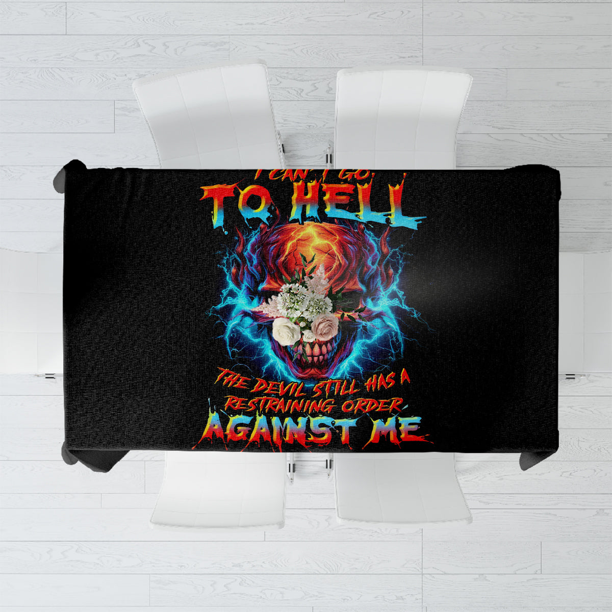 Black tablecloth with central flaming skull design and bright neon accents