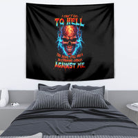 Black skull graphic tapestry with colorful flames and text design, wall hanging decor