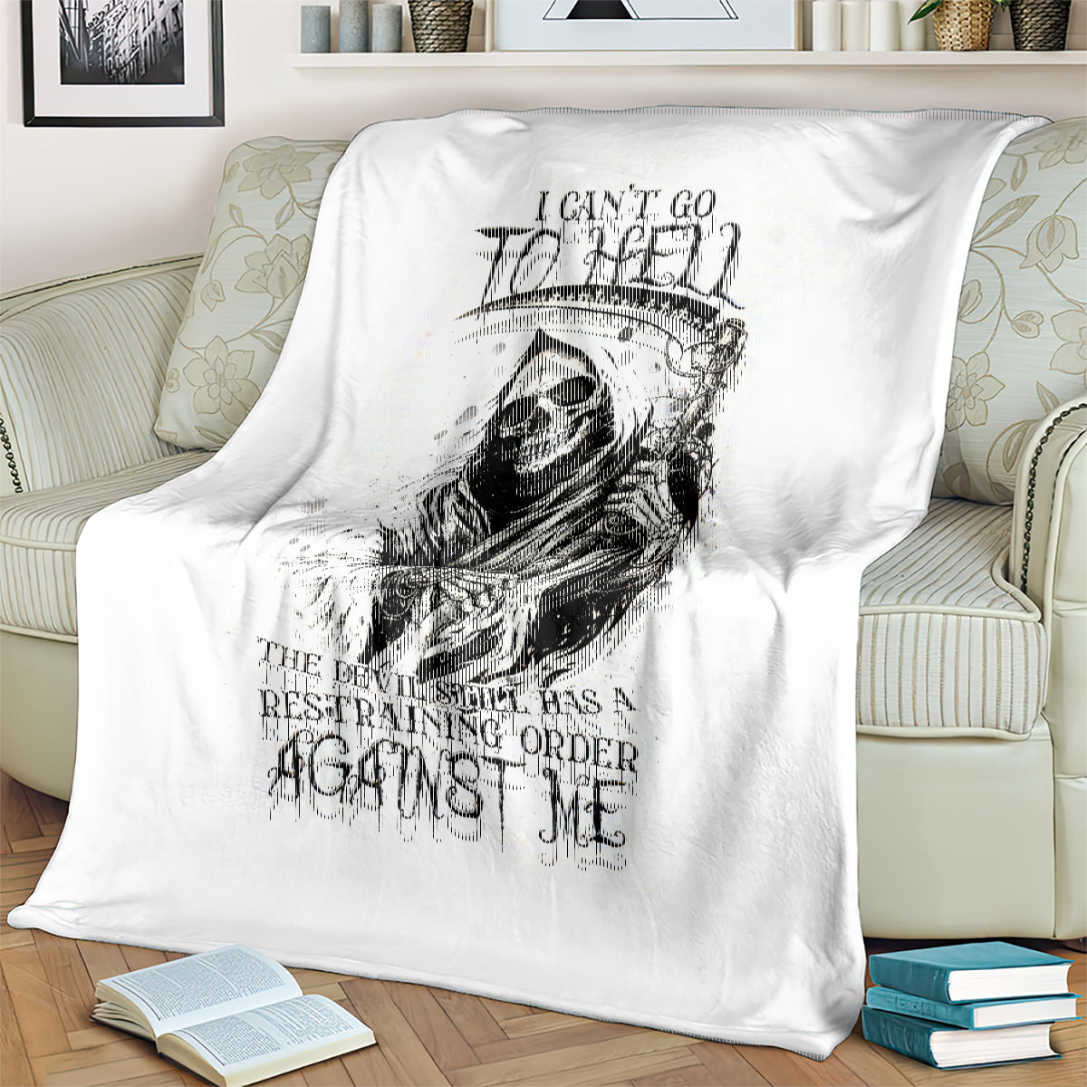 White skull reaper graphic blanket with black skull portrait and script text