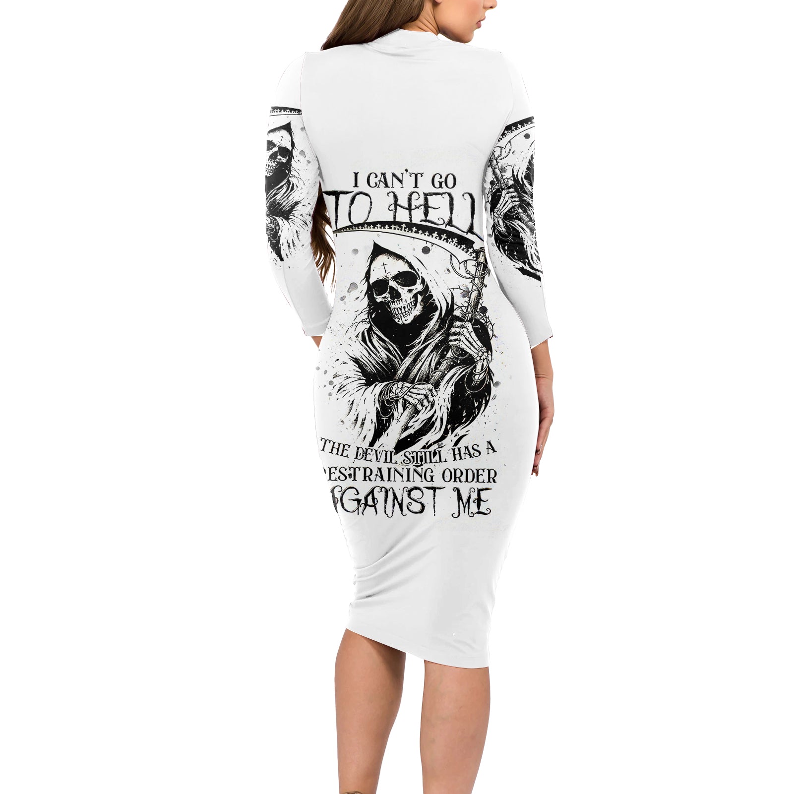 Skull Reaper Long Sleeve Bodycon Dress I Can't Go To Hell Devil Restrainning Order Against Me - Wonder Print Shop