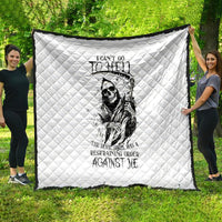 White outdoor quilt with diamond quilting and black skull reaper illustration, full view