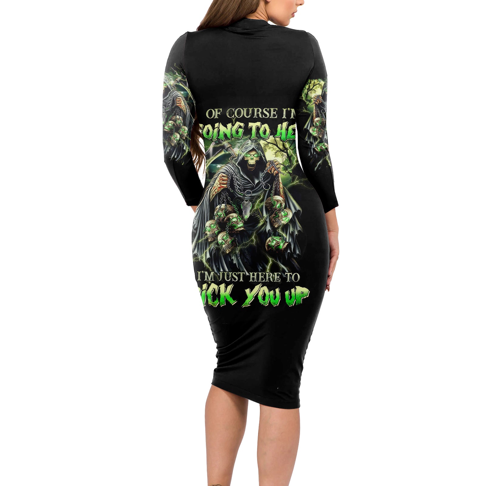 Skull Reaper Long Sleeve Bodycon Dress I Going To Hell Just Pick You Up - Wonder Print Shop