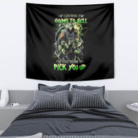 Black skull reaper tapestry with green text and grim figure, wall-hung artwork