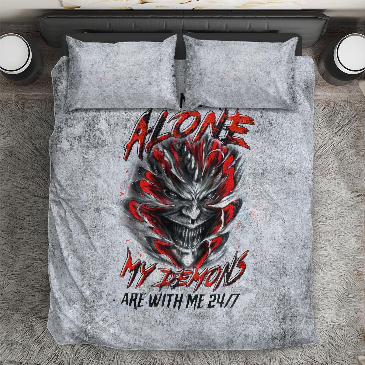 Grey bedding set, devil skull graphic with red text centered on quilt and two pillows
