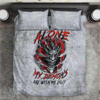 Grey bedding set, devil skull graphic with red text centered on quilt and two pillows